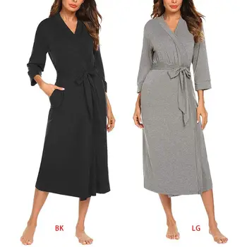 

Women Midi Long Kimono Bath Robe Lightweight 3/4 Sleeves Solid Color Sleepwear Sexy V-Neck Belted Waist Loungewear with Pockets