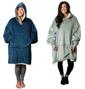 

Plush Coral Fleece Sherpa Blanket With Sleeves Super Soft Warm Outdoor Pocket Hoodie Adult Winter Hooded TV Blankets Sweatshirt