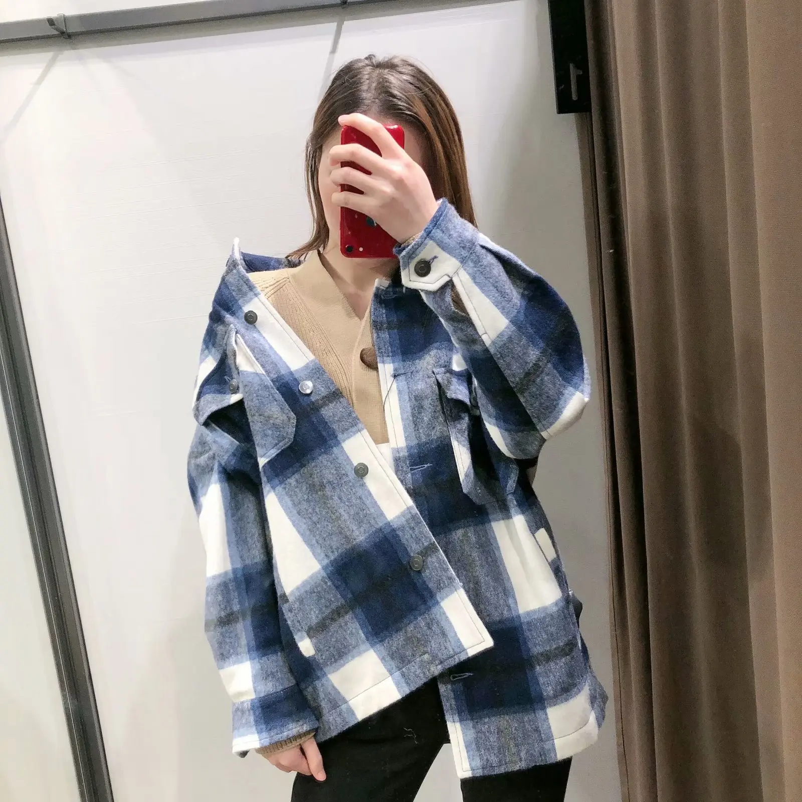 Women Green Plaid Jacket Coats Vintage Pockets