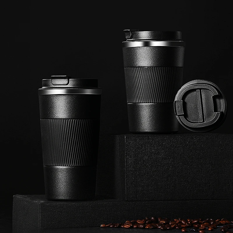 Tlater Tasse à café to go - 380 ml - Gobelet isotherme - Avec couvercle anti -fuite - Double paroi - En acier inoxydable - Pour café et thé - Noir