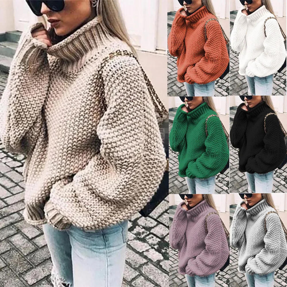 

Solid Color Women Turtleneck Sweater Batwing Sleeve Loose Thick Line Roll Collar Sweater Autumn Winter Female Clothing