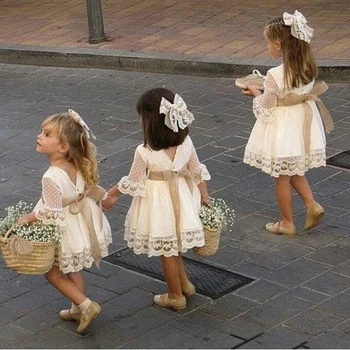 

Spring Girls Bridesmaid White Dress Baby Toddler Kids Knee-Length Fashion Party Lace Long Sleeve Bow Wedding Princess Dresses