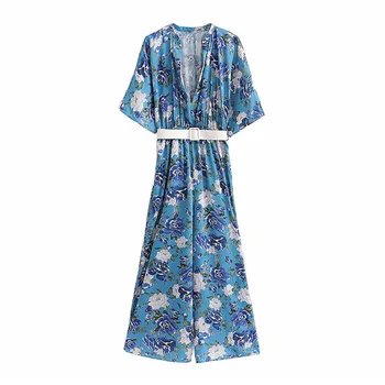 

Women stylish floral print jumpsuits sexy V neck bow tie belt elastic waist female retro beach wear blue playsuits mujer