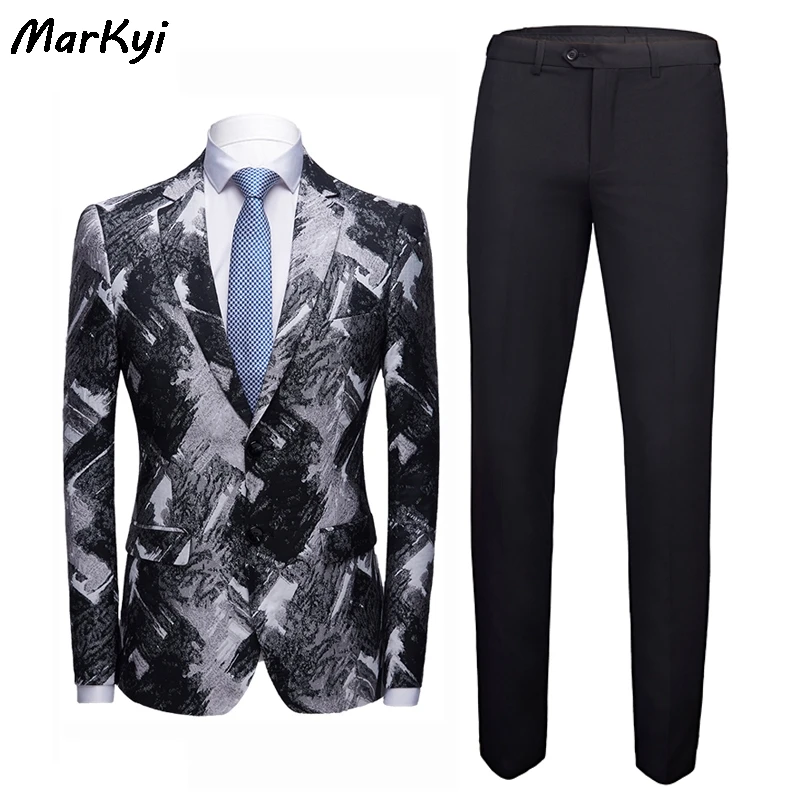 

MarKyi 2020 new arrival fashion print men wedding suit set plus size 4xl single breasted mens suits with pants slim fit