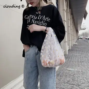 

2020 Summer Women Mini Transparent Tote Mesh Cloth Bag Little Daisy Embroidery Handbag High Quality Eco Fruit Bag Purse for Girl