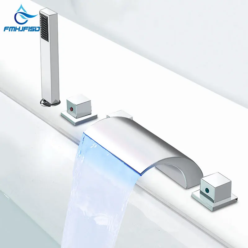 LED 5 PCs Bathtub Faucet Triple Handle Dual Spout Widespread Tub Sets Mixer Taps Bathroom Shower with Handshower | Строительство и
