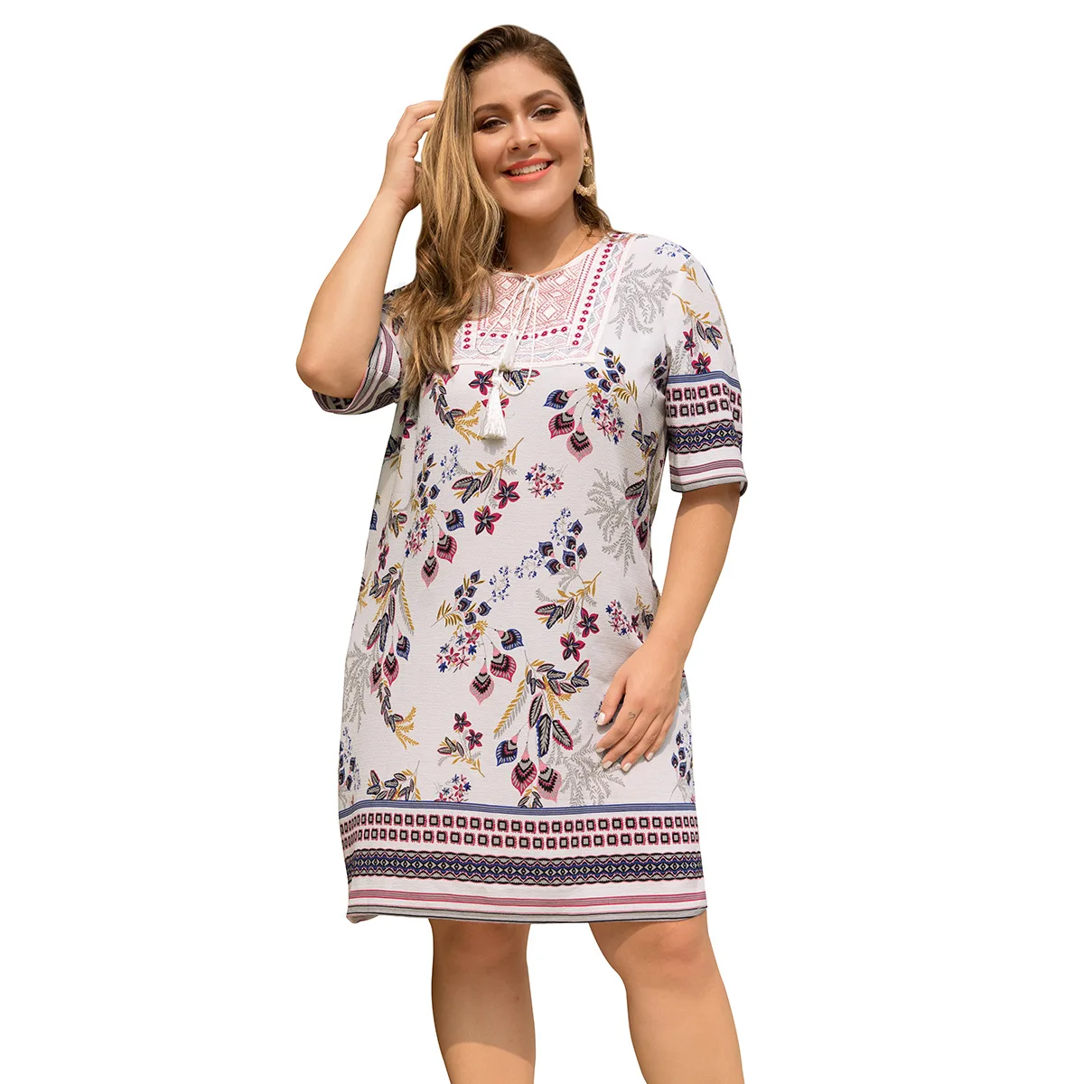 

European And American Women's Pregnancy Embroidered Patch Stitching V-neck Sleeves Loose Positioning Printing Large Size Dresses