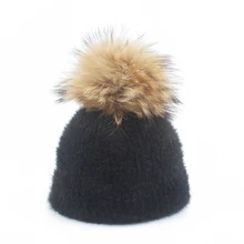 Норковый и настоящий шарик из меха енота шапка с помпоном зимние шапки для женщин девочка шапка вязаная круглая шапочка родитель-ребенок шапка с помпоном