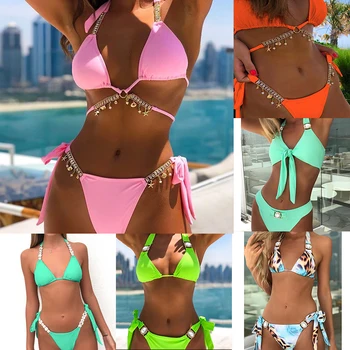 

2020 Pendant Diamond Swimsuit Deluxe Solid Color Swimwear Ms. Push-up Bikini Set Sexy Shiny Crystal Swimsuit