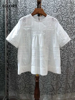 

New Arrival Blouses 2020 Spring Summer Cotton Tops Women Hollow Out Embroidery Back Button Elegant White Dark Blue Tops Shirt