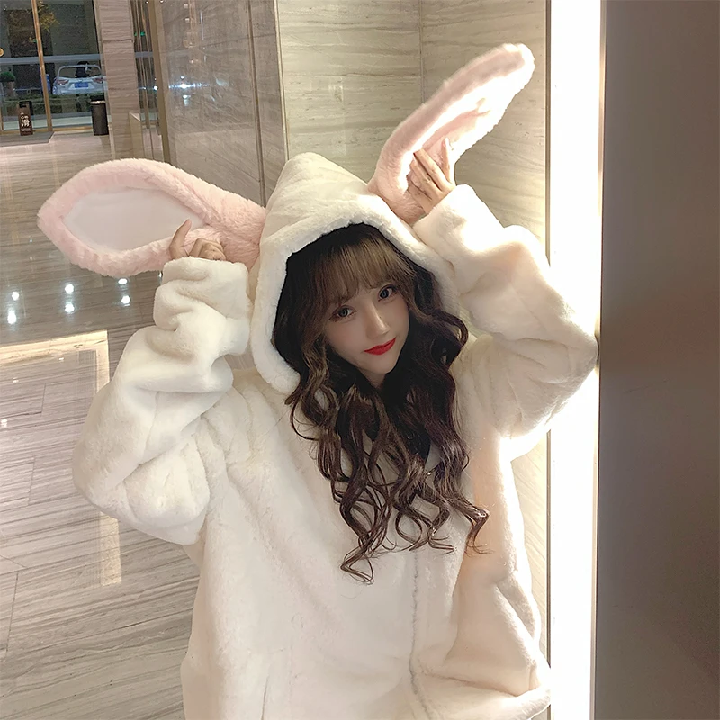 trendy hoodies for women Gothic Harajuku Couple Hoodies Cute Rabbit Ears Black Hooded Outwear Women 2022Sweet Loose Warm Plush Coats Autumn Winter Jacket sweatshirts for girls