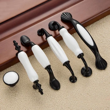 Black White Door Handles Rural Style Ceramic Drawer Pulls Crackle Kitchen Cabinet Handles And Knobs Furniture Handles