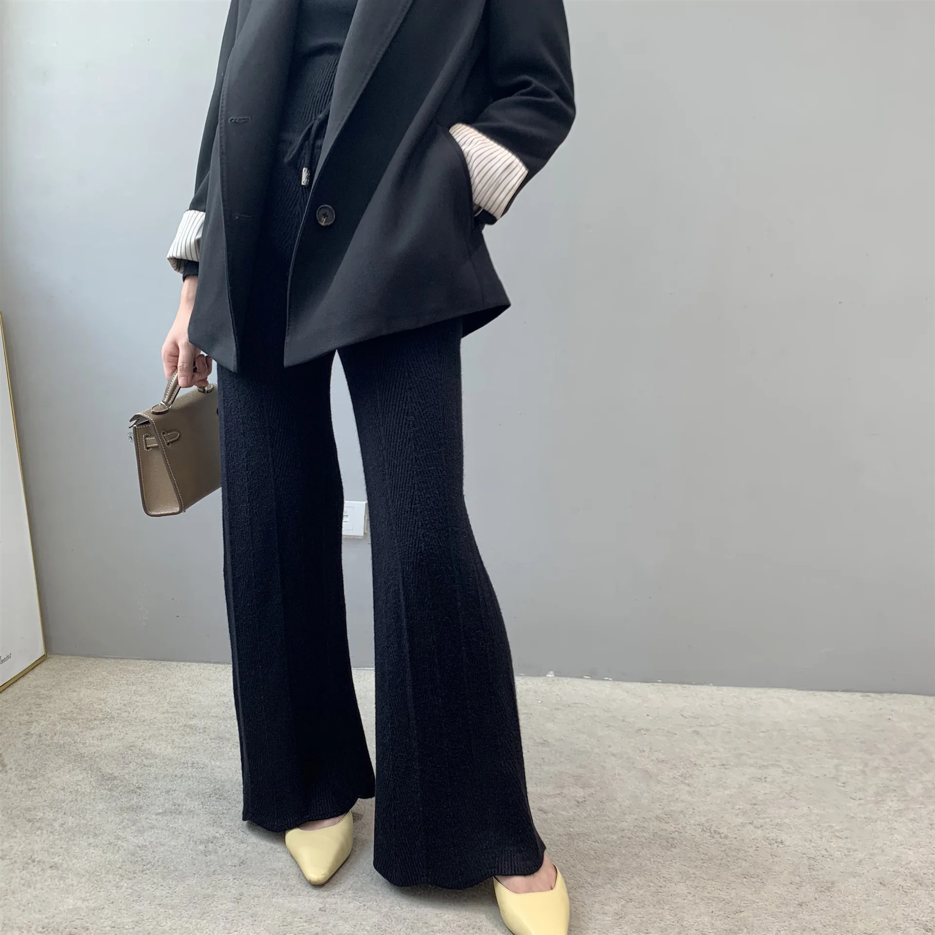Women Pants New autumn Soft Waxy Striped mid-Waist Knitted Pants Female Pure Color Wide Leg Pants Casual trousers