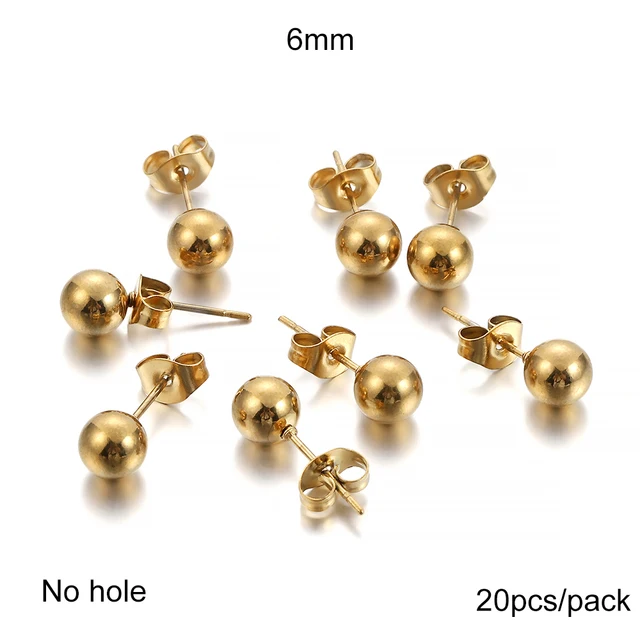 20-100pcs/lot Gold Stainless Steel Blank Post Earring Studs Base Pins With Earring Plug Findings Ear Back For DIY Jewelry Making No hole 6mm