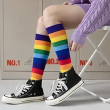Модные женские носки, Зимние Модные радужные полосатые ворсовые яркие цветные гольфы, повседневные хлопковые теплые носки, calcetines mujer# yl