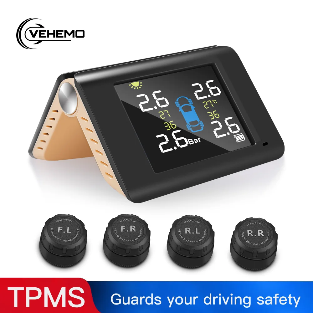 

VEHEMO Folding Car TPMS Tire Temperature and Pressure Monitoring System Solar Power LCD Color Screen Display with 4pcs Sensors