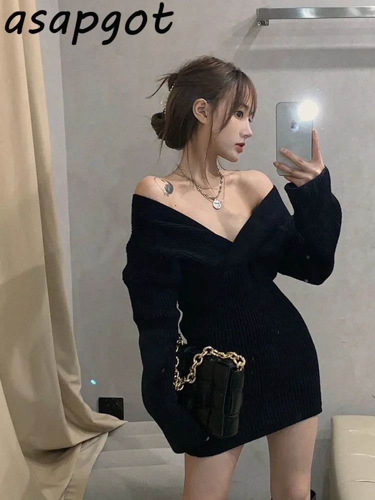Slim V Neck Long Sleeve Wrap Hip Pullovers Knitted Dress Women Short Black Sweater Autumn Winter Temperament Chic Korean | Женская