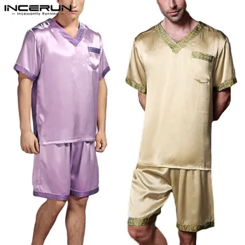 

Summer Men Pajamas Sets Patchwork Homewear Short Sleeve V Neck Tops Shorts Leisure Nightwear Breathable Sleepwear Sets INCERUN