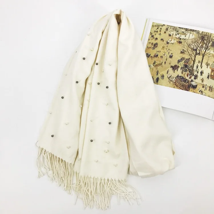 Роскошный брендовый плотный зимний шарф для женщин, теплый кашемировый шарф со звездами и жемчугом, однотонная шаль с кисточками, накидка, хиджаб, шарф из пашмины