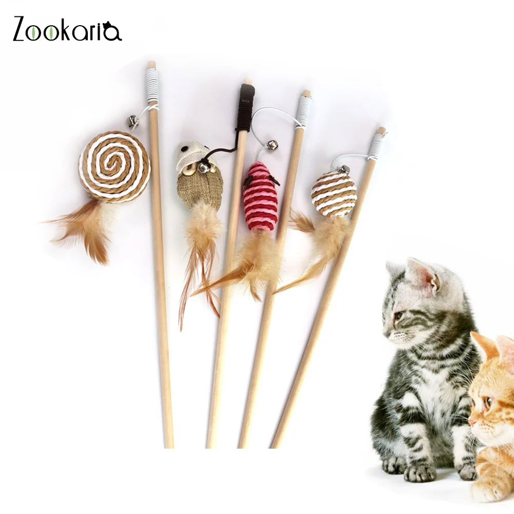 

Interactive Pet Cat Teaser Toys Feather Linen Wand Cat Catcher Teaser Stick Cat Toys Wood Rod Mouse Toy With Mini Bell