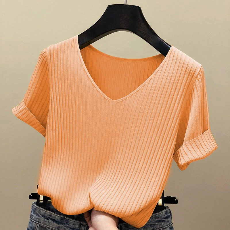 Knitted short sleeve Women V-Neck T Shirts 2025 Blue Slim Black thin knit Orange Tops Ladies Summer Camiseta Summer T shirts 4