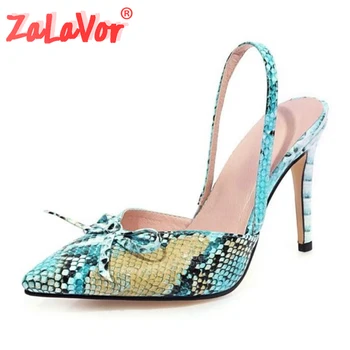 

ZALAVOR Size 34-48 Summer Women Shoes Thin High Heels Sandals Sexy Bowknot Snakeskin Pointed Toe Shoes Party Female Footwear