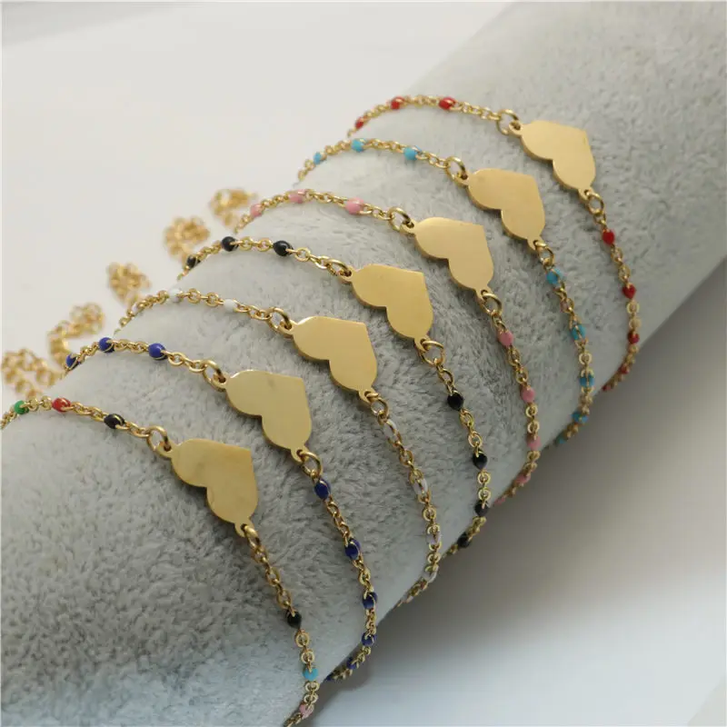 

New Fashion Link Cable Chain Heart Golden Enamel Bracelet Stainless Steel Bracelets For Fashion Women Jewelry Gifts 18cm 1PC