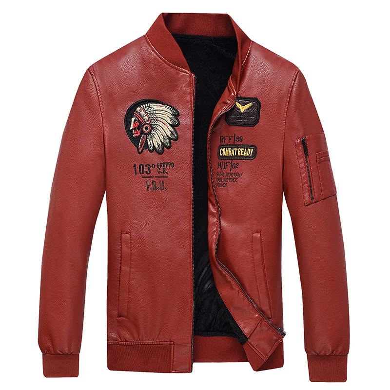 Новинка, осенне-зимняя мужская кожаная куртка, Бейсбольный воротник, вышивка, теплая кожаная мужская куртка, мужские куртки из искусственного меха - Цвет: Red