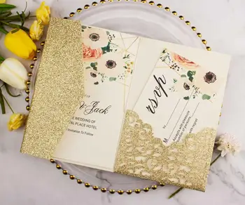 

Free Shipping 1pcs Tri fold Glitter pearl Laser cut Pocket fold Wedding Invitation Cards 3D Greeting Invite with envelope rsvp