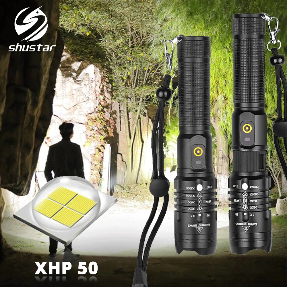 Супер яркий светодиодный фонарь XHP50 с 3 режимами освещения, масштабируемый фонарь с батареей 18650, подходит для активного отдыха
