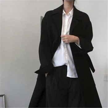 

New Women's Black No Buckle Oversive Woolen Coats Winter Casual Plus Size Big Pockets Sashes Females Coat Temperament Overcoat