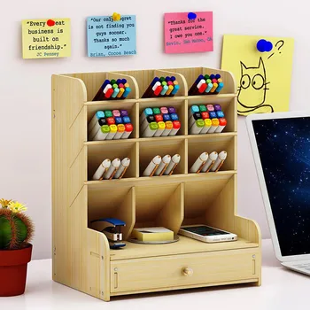 

Multi-Function DIY Pen Holder Box Wooden Desk Organizer Desk Stationery Storage Rack Desktop Home Office Supply Storage Box