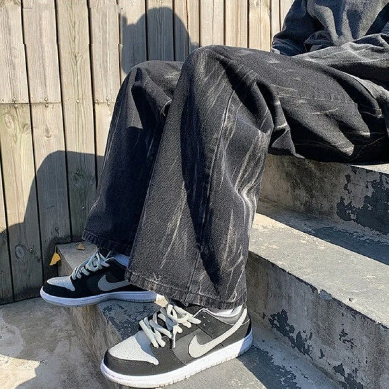 ICCLEK Tie-dye Black Jeans Men's Fall Loose Straight-leg Pants High Street Wide-leg Trousers Jeans for Men  Men Skinny Jeans