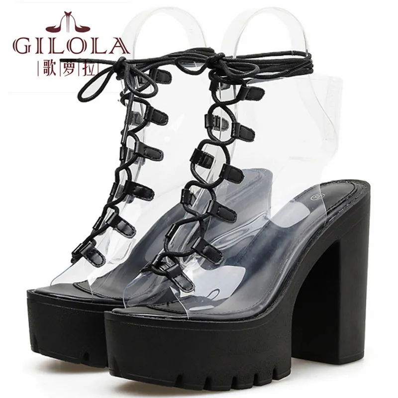 

New Spring Summer Fashion Thick Heel Women Ankle Boots Lace Up PVC Short Peep Toe Lady Boots Quality #Y0067021Y