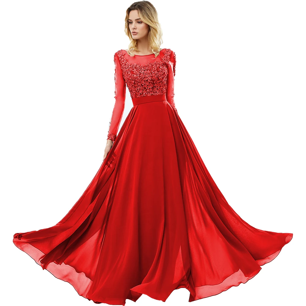 Vestido de festa, серое шифоновое длинное вечернее платье, сексуальное, с открытой спиной, с длинными рукавами, кружевное платье для выпускного вечера, Vestido Longo - Цвет: Красный