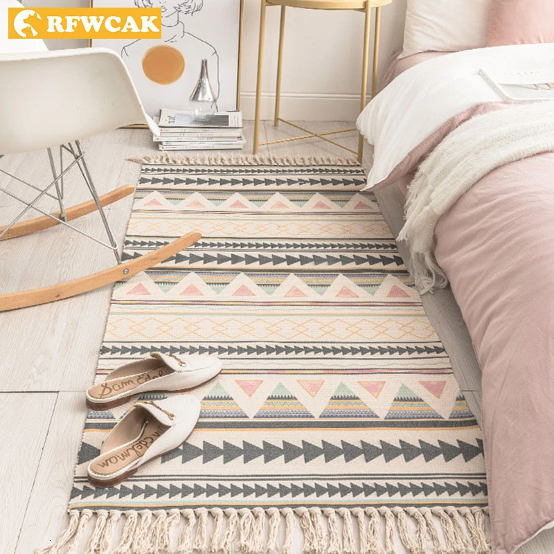 Retro Carpet For Sofa Living Room Bedroom Rug Cotton Tassels Yarn Dyed 60x180cm Table Ruuner Bedspread Tapestry Home Decoration