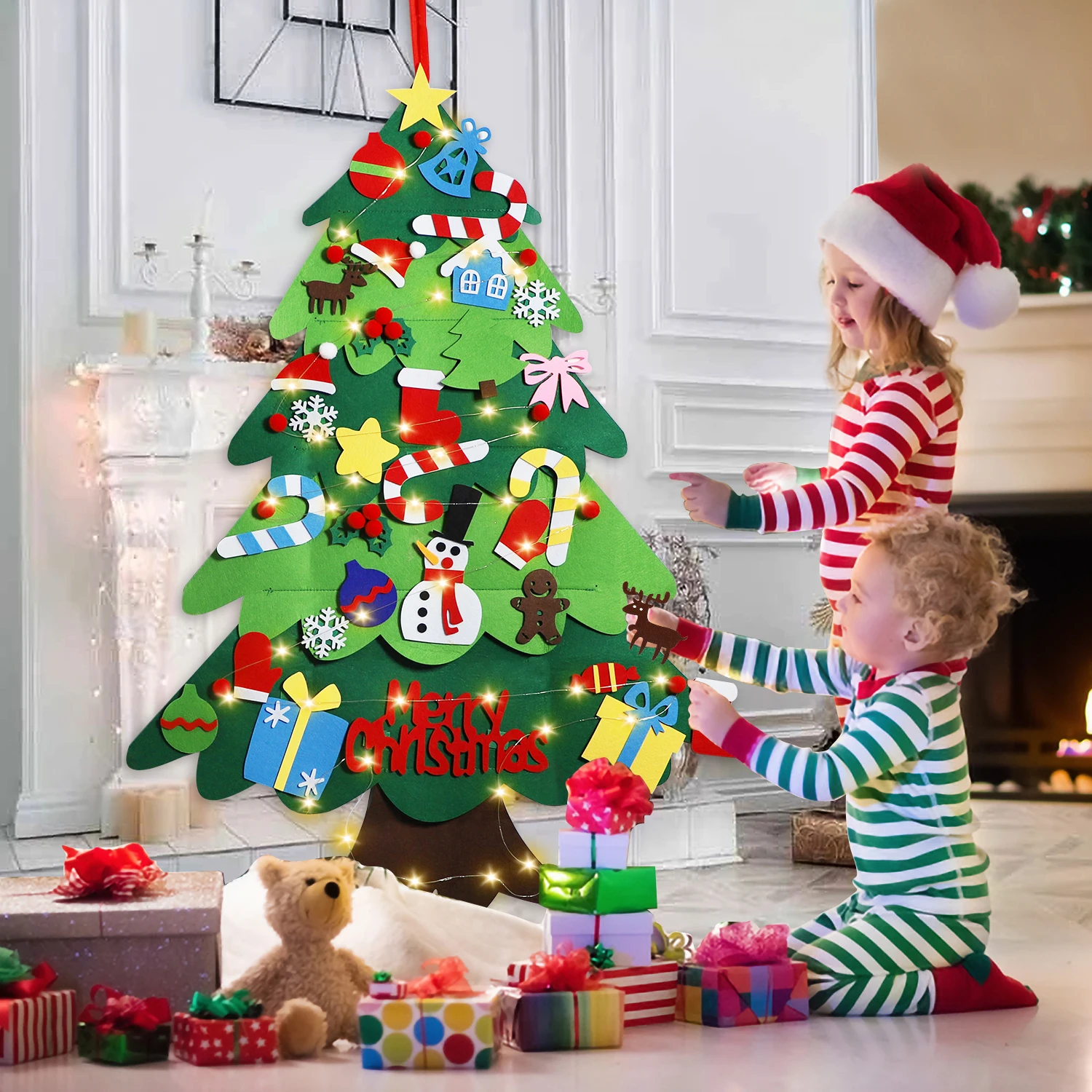 26 шт. DIY войлочные рождественские светодиодные струны с рождественской елкой, настенные подвесные рождественские подарки, рождественские украшения для дома, вечерние 2