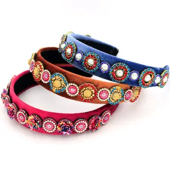 

Women Boho Handmade Glass Drill Headband Bright Rainbow Colorful Rhinestone Flower Bandana Faux Suede Velvet Wide Crown