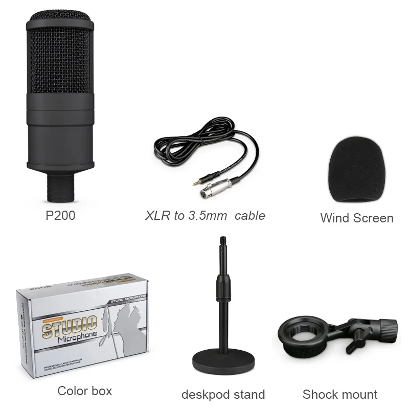 My Mic P200Z Профессиональный Ручной конденсаторный Студийный микрофон Запись с настольной подставкой комплект для вещания