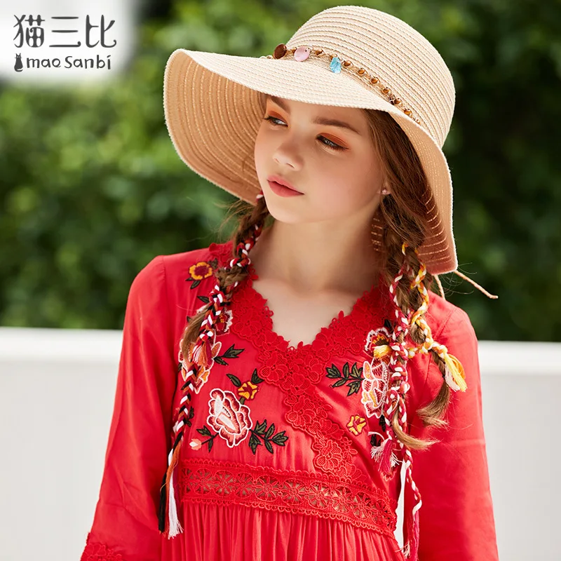 

Girls' Long Skirt Dress 2019 Summer New Style Middle And Large Children Three-quarter-length Sleeve Embroidered GIRL'S over-the-