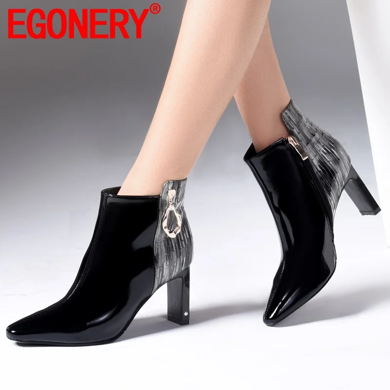 

EGONERY brand office booties patent leather 7.5cm high heels women's shoes Punk metal zipper fashion winter ankle boots 34-42CN