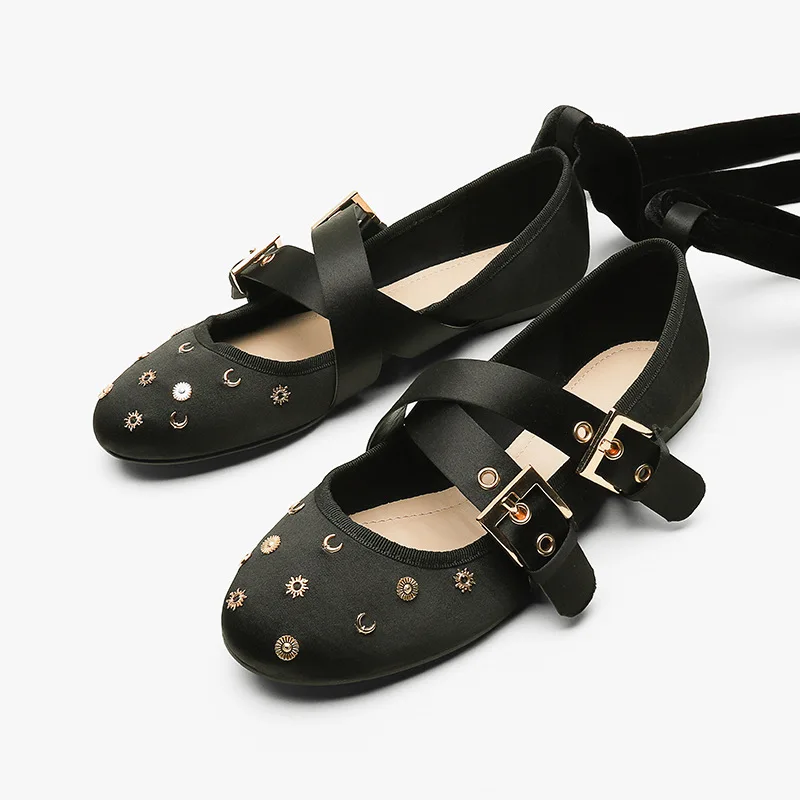 

2019 New Style Spring Summer Za Series RA Buckle Ballet Bandage Cloth Metal Europe And America Shallow Mouth Single Shoes round