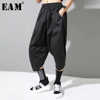 

[EAM] High Elastic Waist Black Irreuglar Big Size Harem Trousers New Loose Fit Pants Women Fashion Tide Spring Summer 2020 1U325