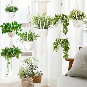 

5-Piece Handmade Cotton Rope Tassel Hanging Flower Pot Holder Set With Hook Bohemian Home Decoration