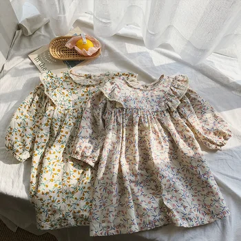 

Girls Floral Printed Princess Dress 2020 Spring Summer New Toddlers Korean Style Cotton Linen Ruffles Robe Children Dresses