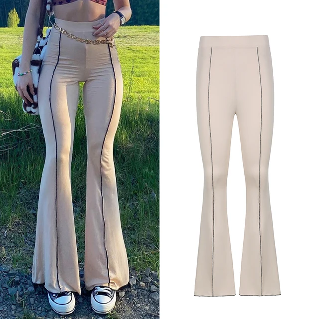 CIBBAR Solid Low Waist Ribbed Flare Pants Women Summer Slim Elegant Casual Elastic Trousers Female Fashion All-Match Streetwear Skin