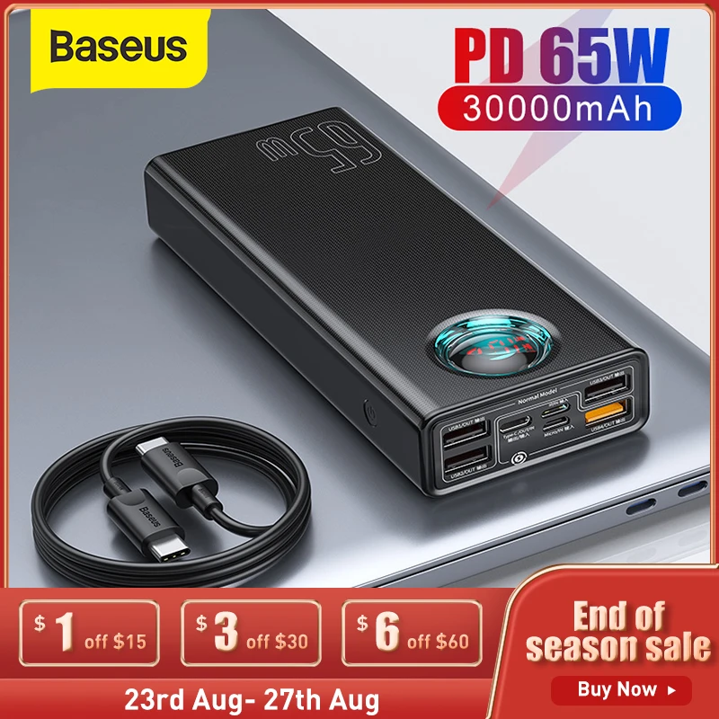 SUPER DEALS! Baseus 65W Power Bank 30000mAh PD Quick Charging Powerbank Portable External fast Charger For phone Tablet For Xiaomi
