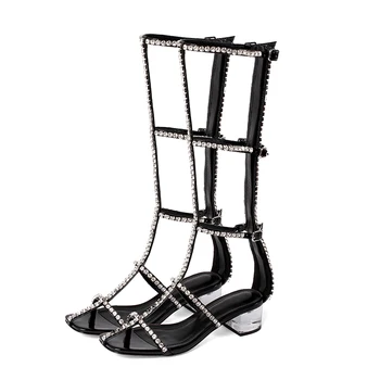 

Brand Women Suede Leather Med Heels Diamond Summer Boots Casual Daning Shoes Woman Retro Knee High Summer Boots