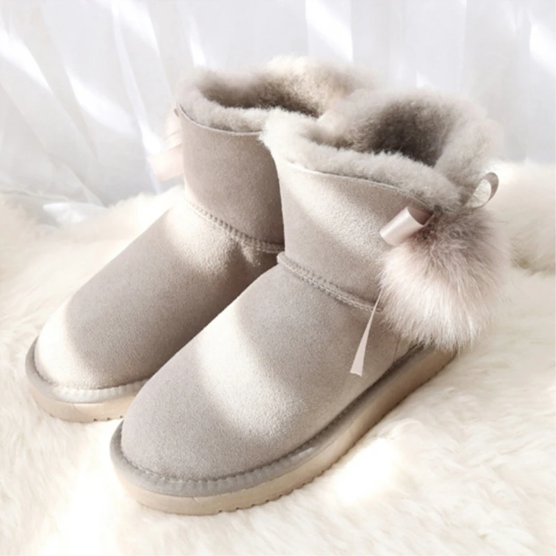 G& Zaco/ботинки из натуральной овечьей кожи; короткие зимние ботинки на овечьем меху; натуральная шерсть; зимние женские ботильоны на плоской подошве с милым бантом и лисьим помпоном