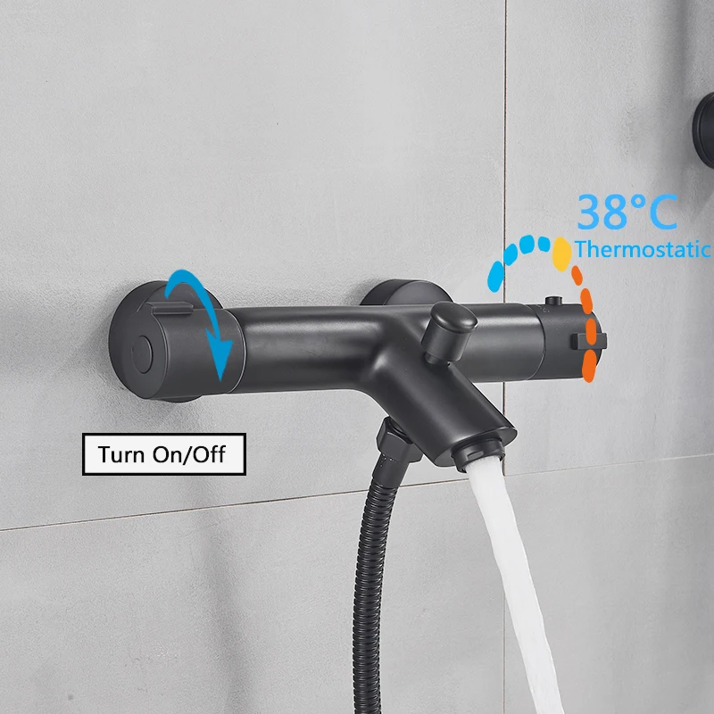 Rozin Matte Black Thermostatic Shower Faucet Wall Mounted Temperature adjustable Bathtub Mixer Tap With Handheld Bathroom Shower 3